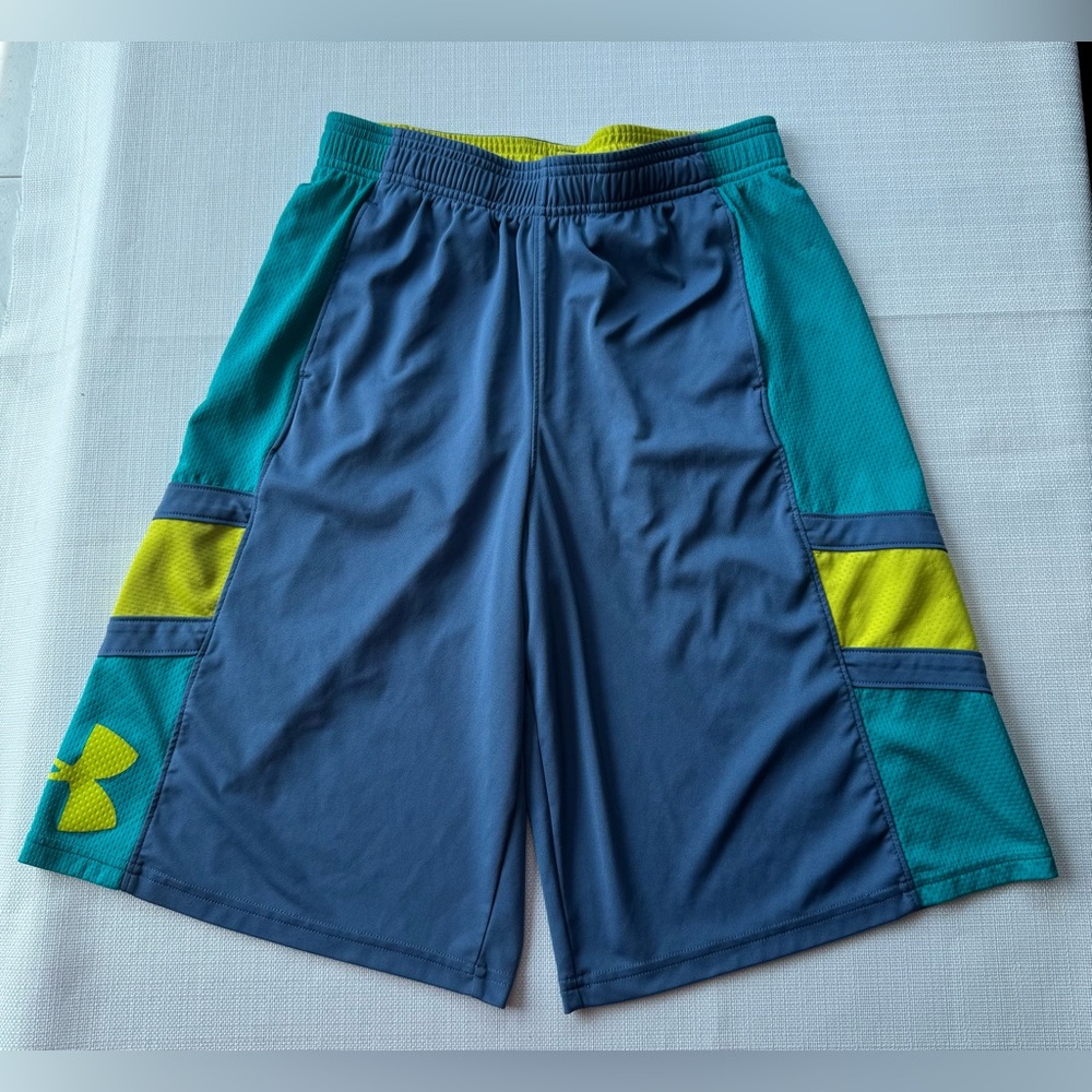 Under Armour Blue Teal Neon Basketball Athletic Loose Shorts Youth Large VGUC